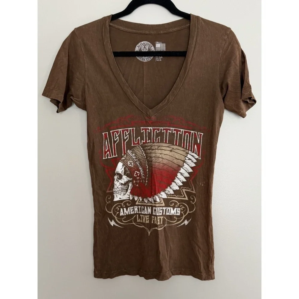 Y2K Affliction American Customs Motorcycle Distressed Shirt Brown Women's Size S